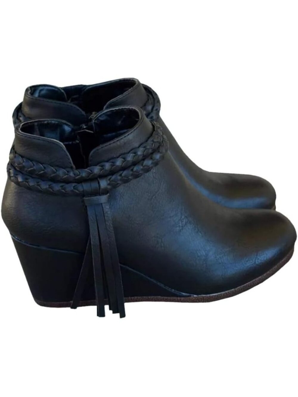 Women's Black Wedge Ankle Boots Braided Fringe Strap Western Heeled Booties